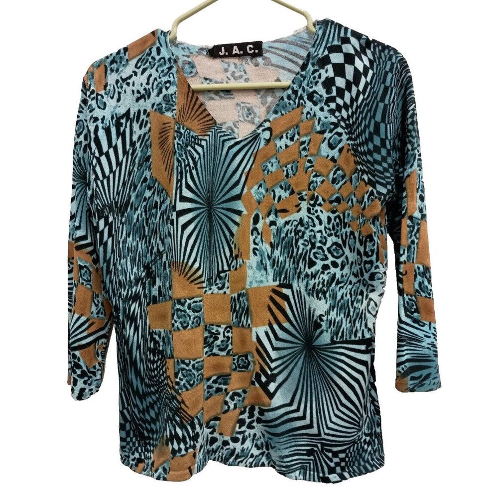 Vintage J.A.C. Womens Wearable Art Sweater Medium Blue Abstract Pullover V‎ Neck